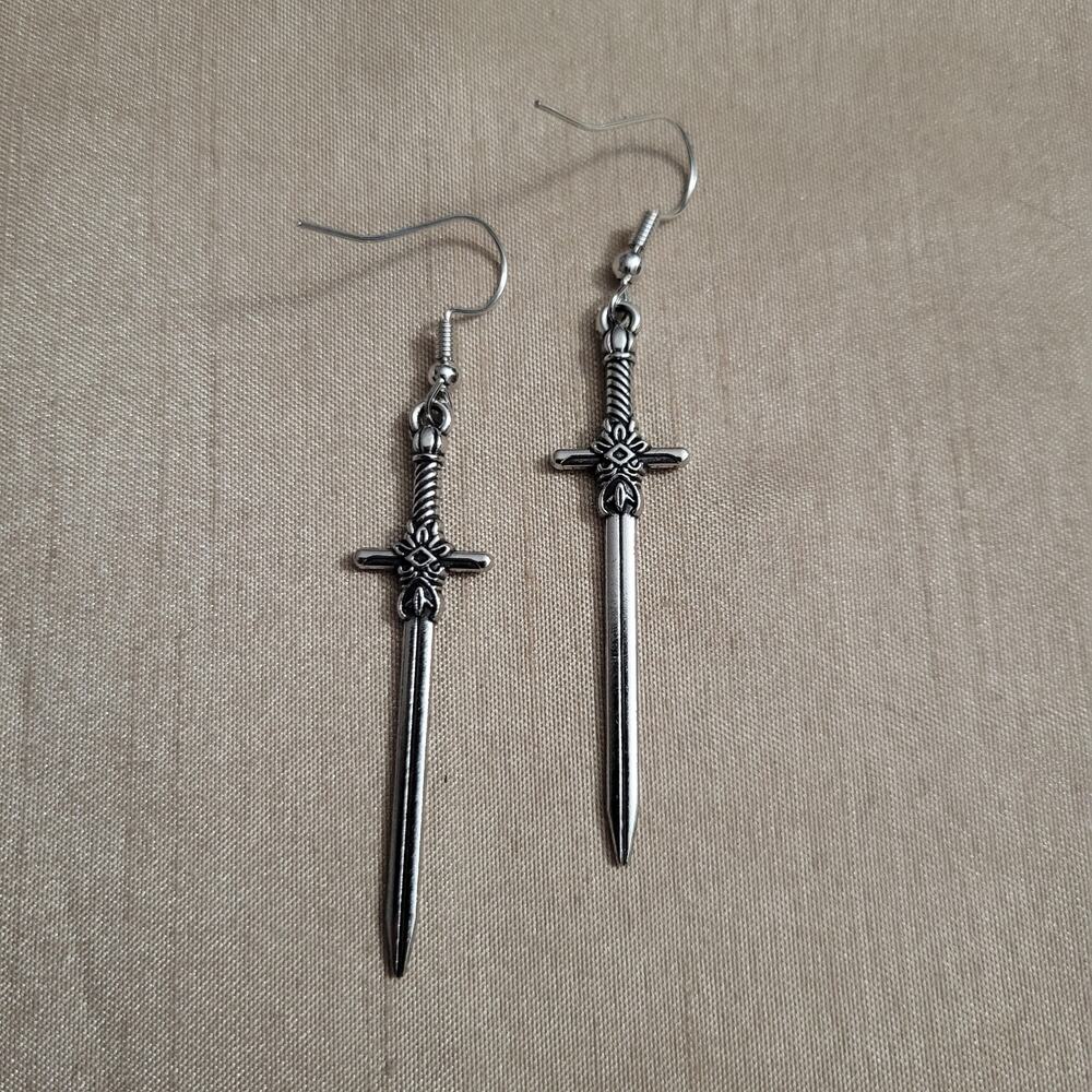 Sword shaped silver tone earrings, stainless steel hooks